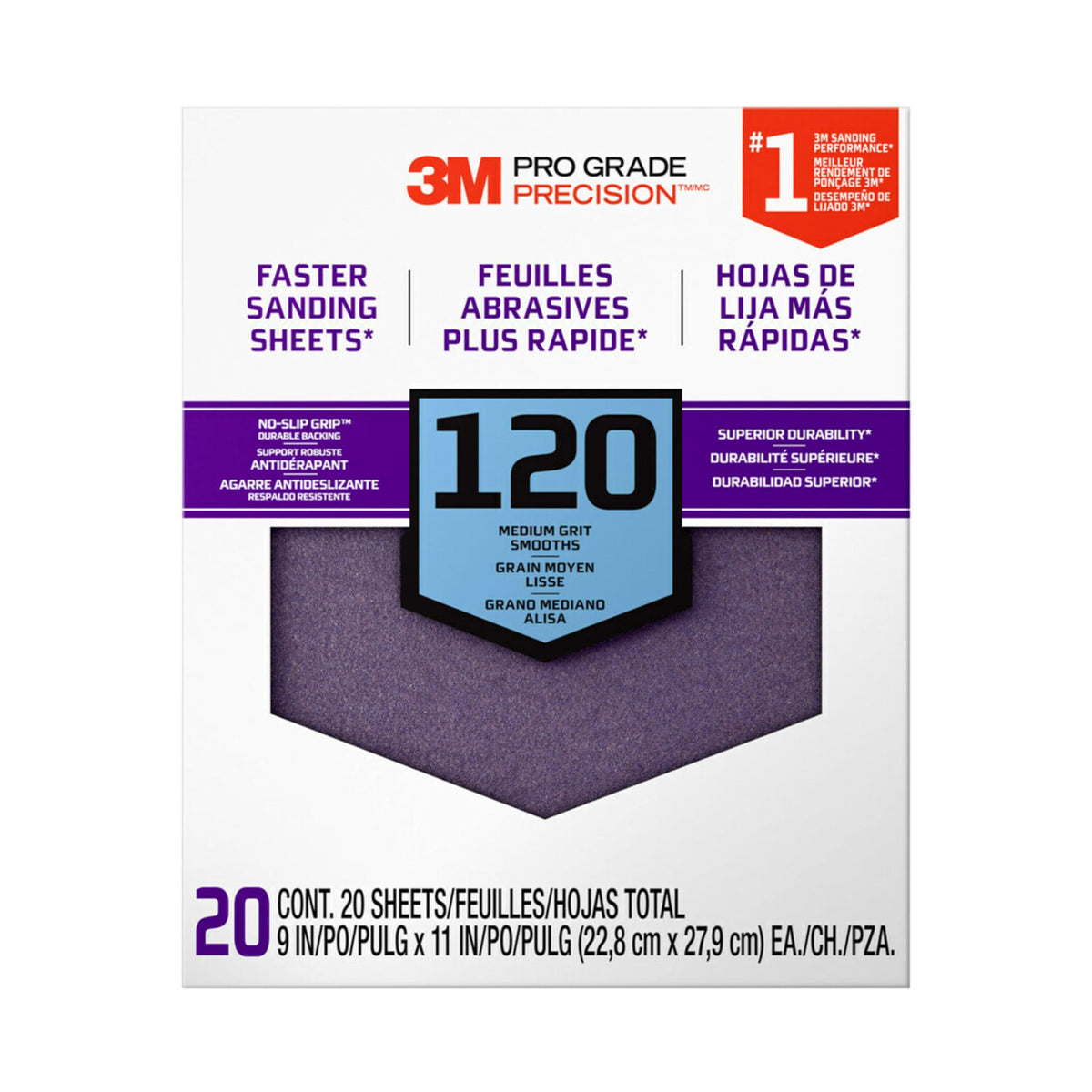 3M Pro Grade No-Slip Grip 120 grit sandpaper with secure backing for comfortable handling