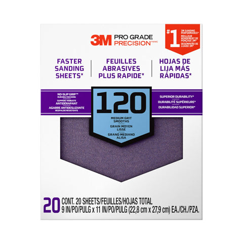3M Pro Grade No-Slip Grip 120 grit sandpaper with secure backing for comfortable handling