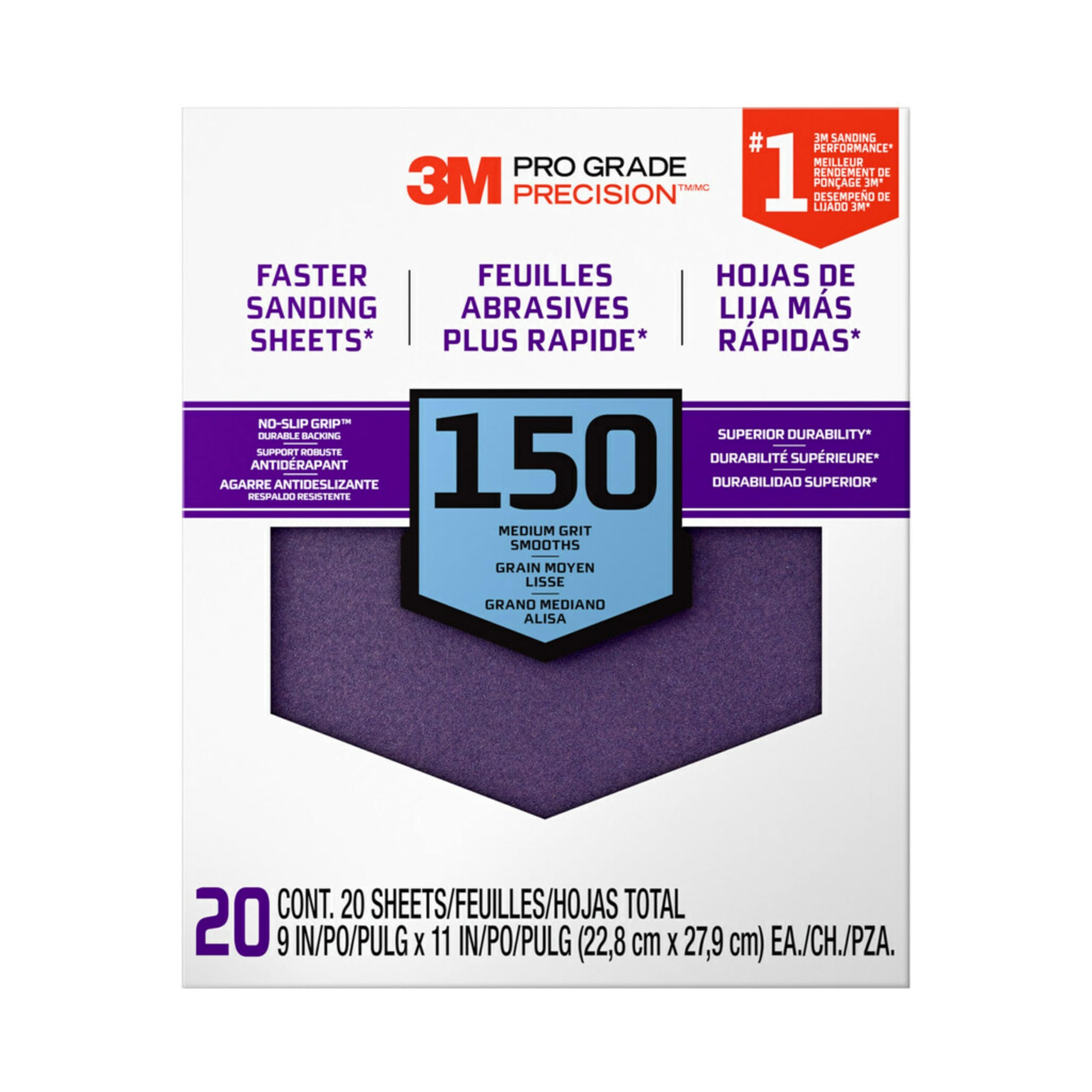 3M Pro Grade sandpaper 150 grit with No-Slip Grip backing for steady wood sanding.