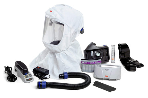 3M Versaflo PAPR unit with battery and belt for extended work shifts.