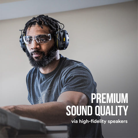 3M WorkTunes Connect 26 dB NRR protects hearing while you work.