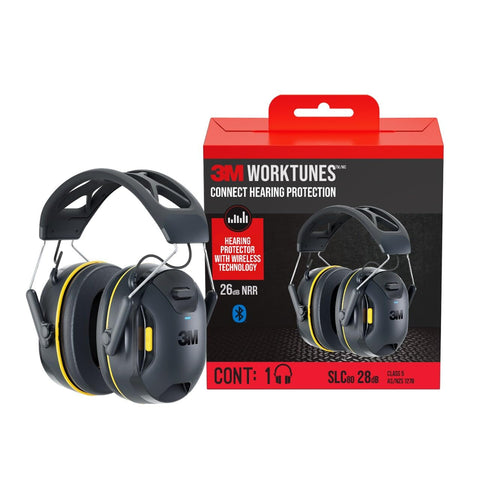 3M WorkTunes Connect headset worn on head with Bluetooth for on-site listening.