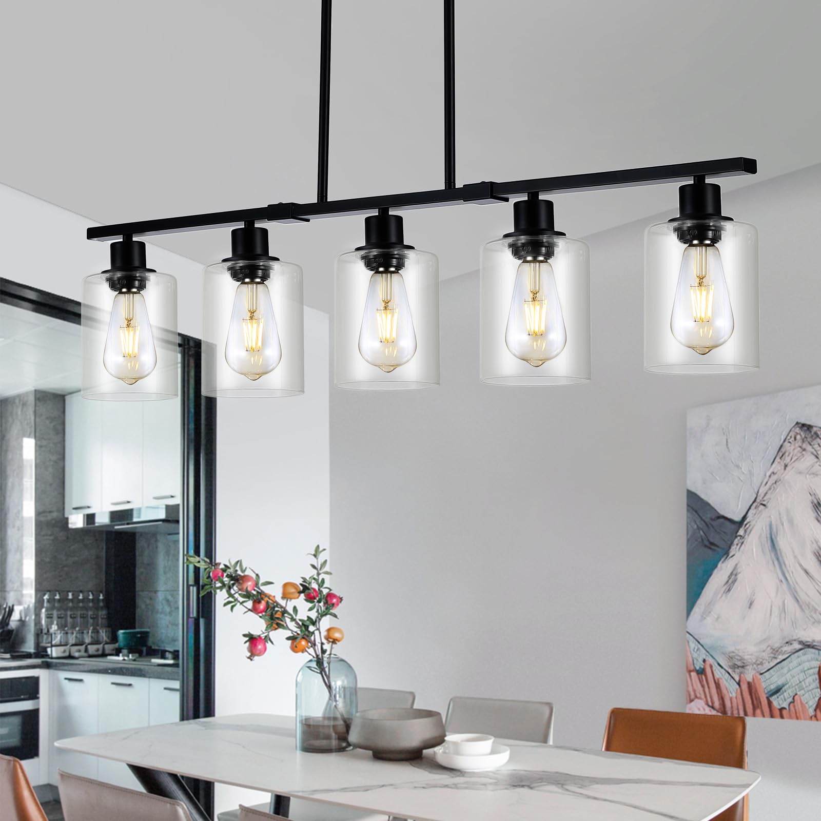 3WWWUEE black linear chandelier over dining areas adds modern farmhouse style.