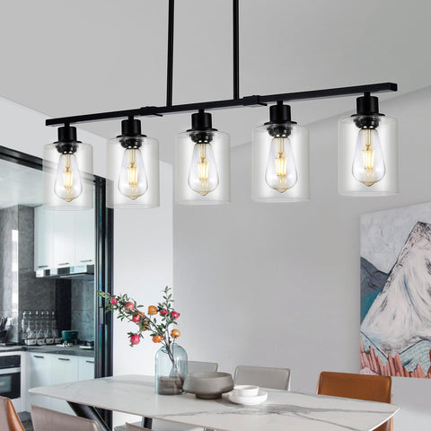 3WWWUEE black linear chandelier over dining areas adds modern farmhouse style.