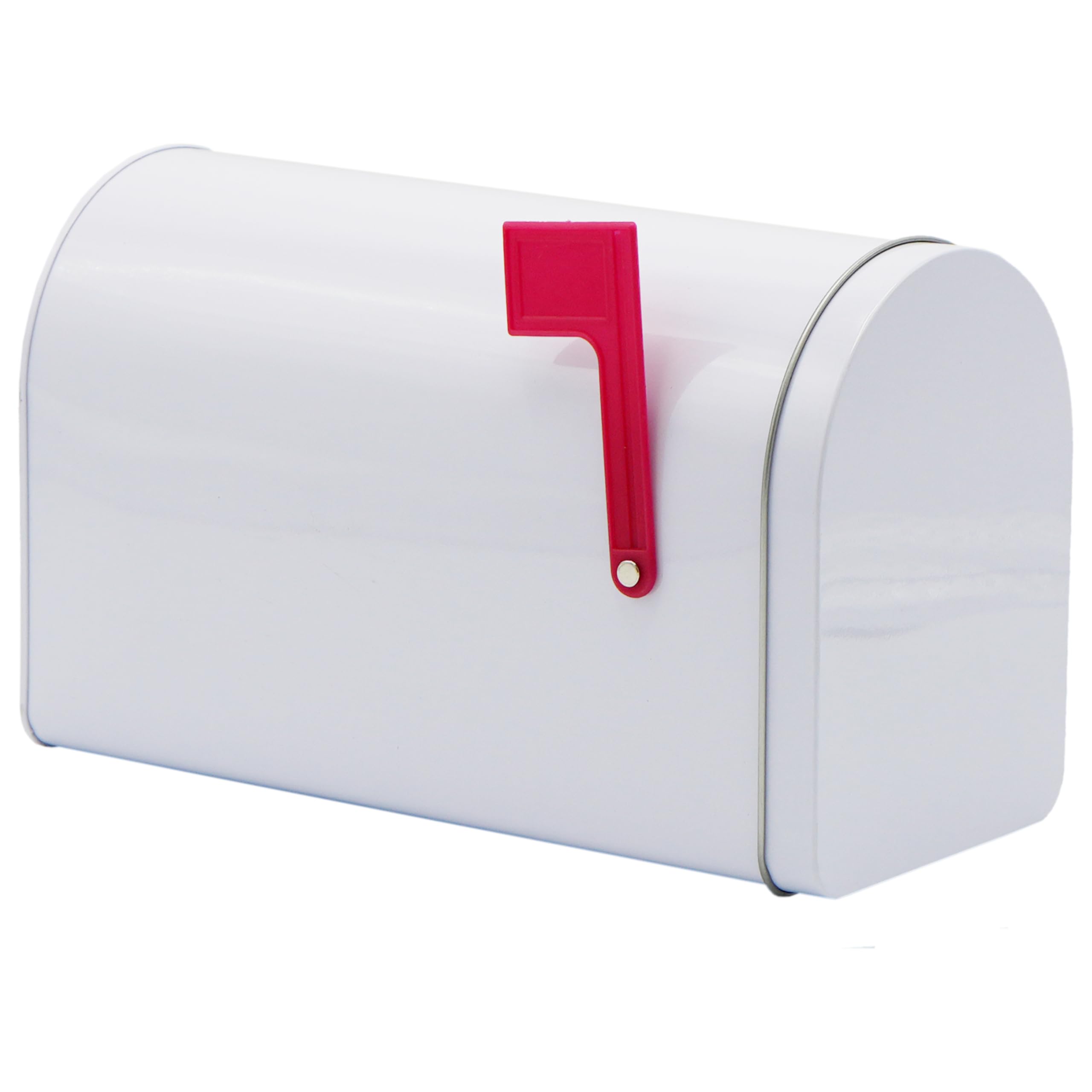 4E's Novelty 9-inch tinplate mailbox with white body and red flag for classroom play