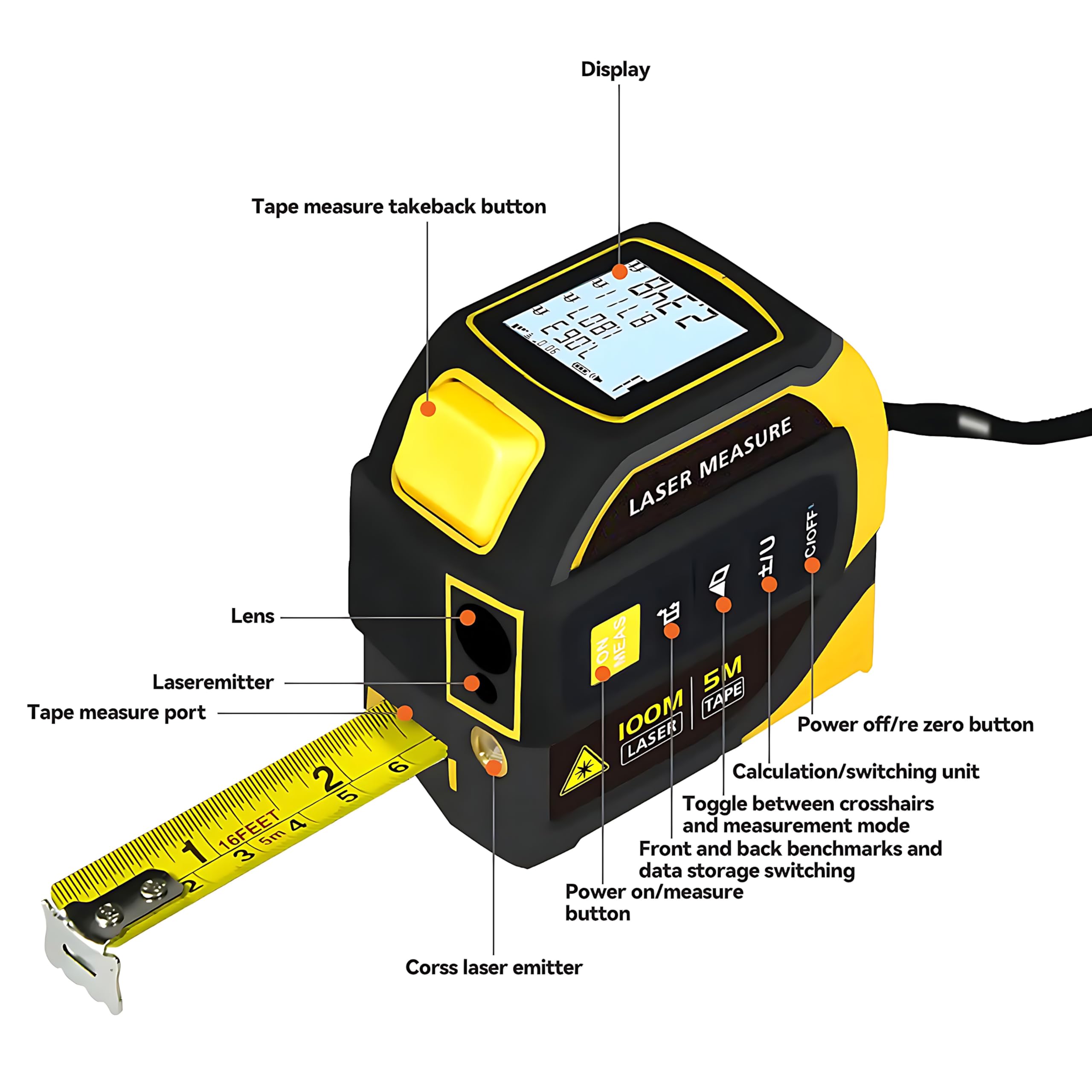 4-in-1 Digital Laser Tape Measure laser distance view showing long-range accuracy.