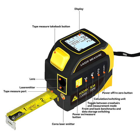 4-in-1 Digital Laser Tape Measure laser distance view showing long-range accuracy.
