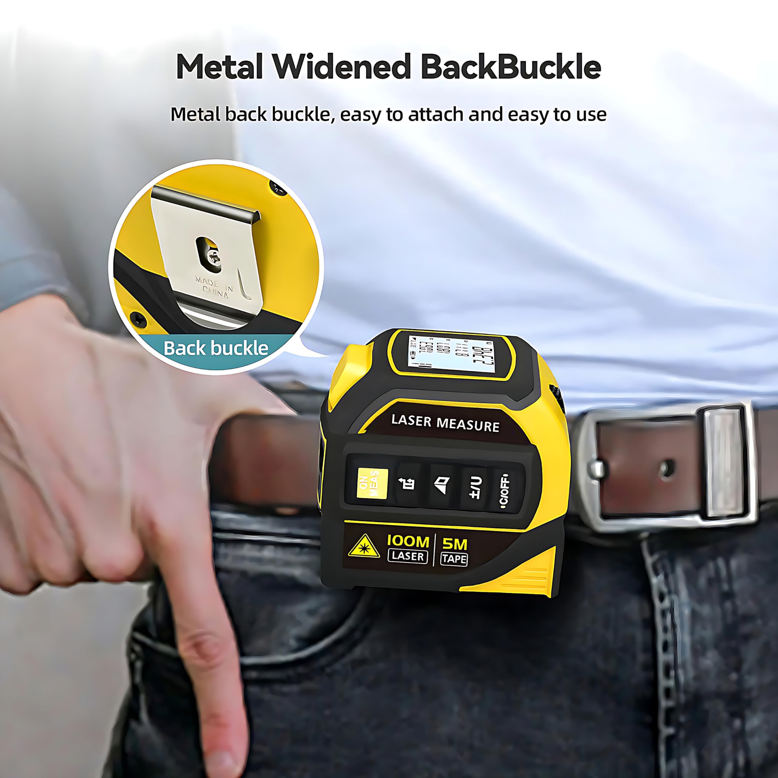 4-in-1 Digital Laser Tape Measure side clip for portable on-site use.