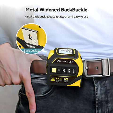 4-in-1 Digital Laser Tape Measure side clip for portable on-site use.