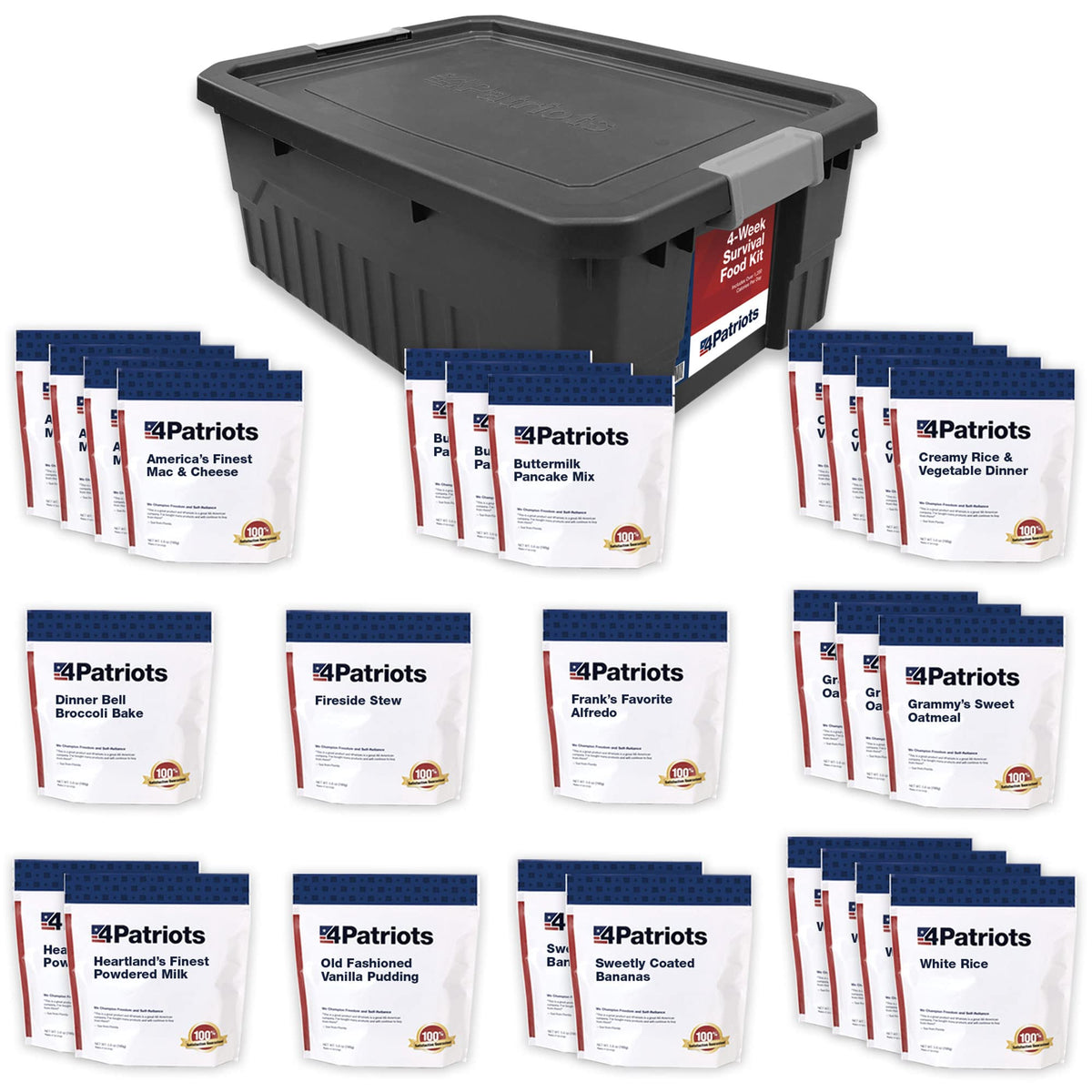 4Patriots 4-Week Survival Food Kit packaging—durable Mylar seals for long-term storage.