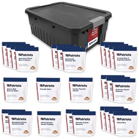 4Patriots 4-Week Survival Food Kit packaging—durable Mylar seals for long-term storage.