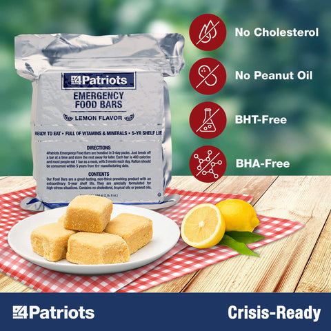 4Patriots emergency bars provide a 3-day calorie supply without cooking.