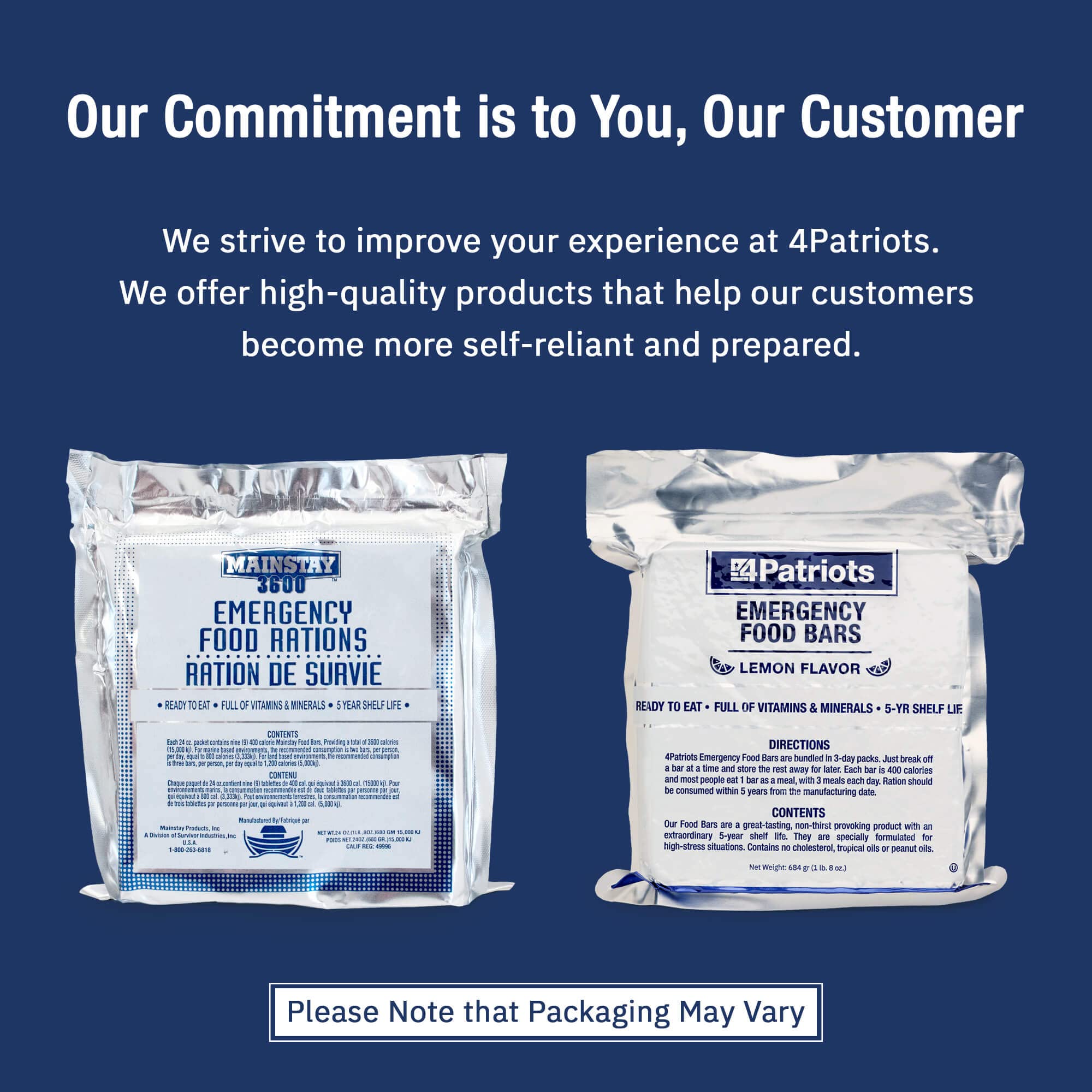 4Patriots bars with five-year shelf life for long-term preparedness.