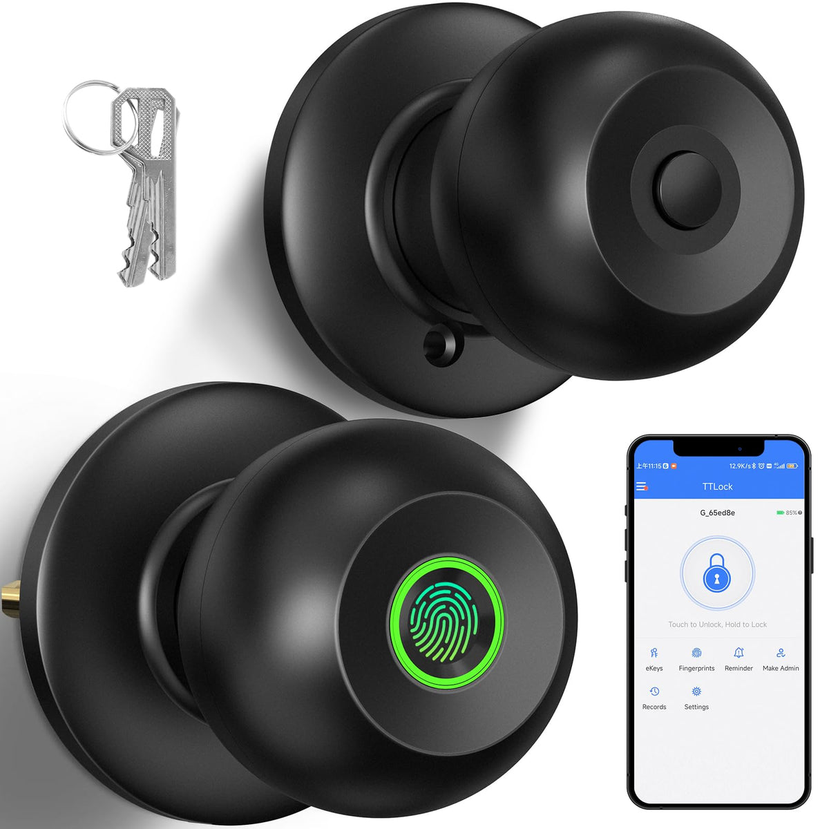 52HZ fingerprint door knob lock matte black front view for secure entry