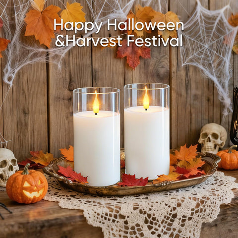 5plots real wax glass pillar candles with a flickering 3D flame.