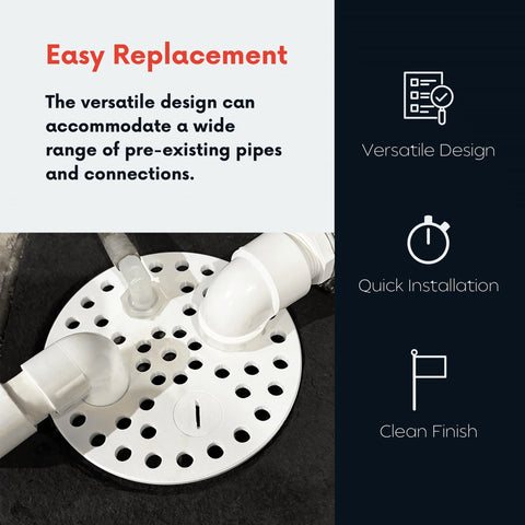 6-5-inch floor drain cover shows round design for quick drop-in replacement.