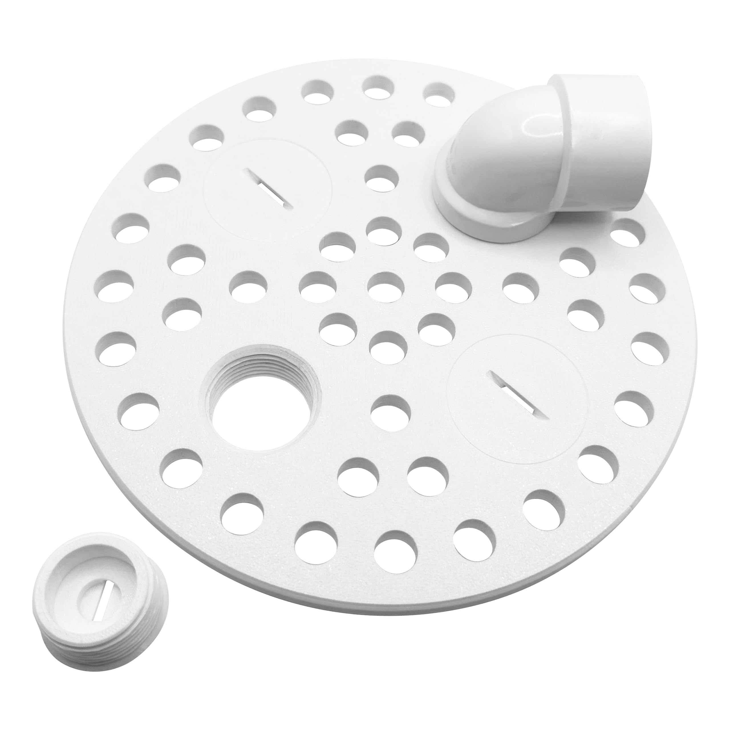 6-5-inch plastic floor drain cover with four ports for flexible fittings.