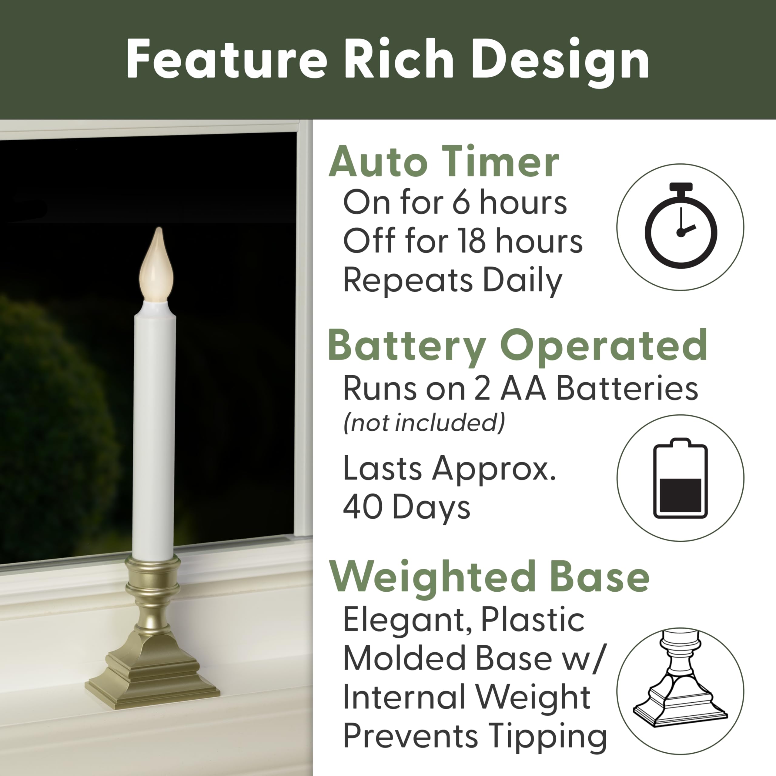 612 Vermont LED window candle shows exterior glow and soft interior light.