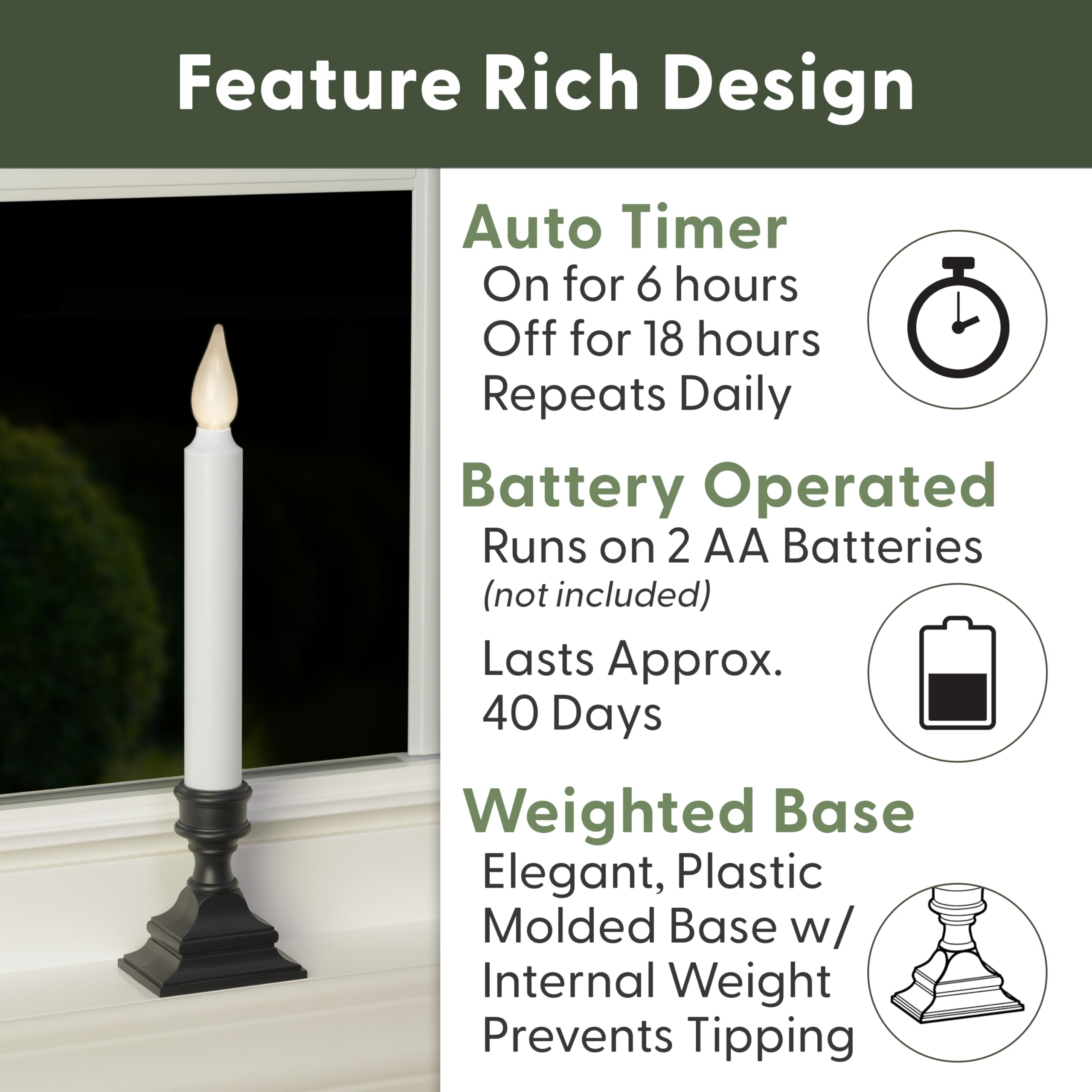 612 Vermont LED window candle emits warm glow on a windowsill