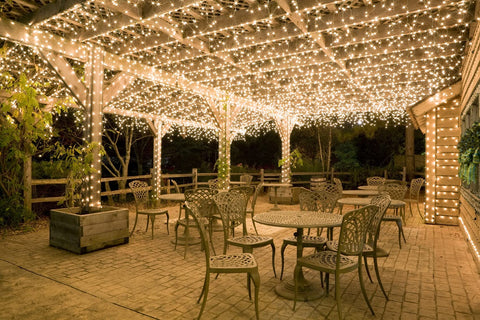 612 Vermont wedding and patio decor with warm incandescent glow