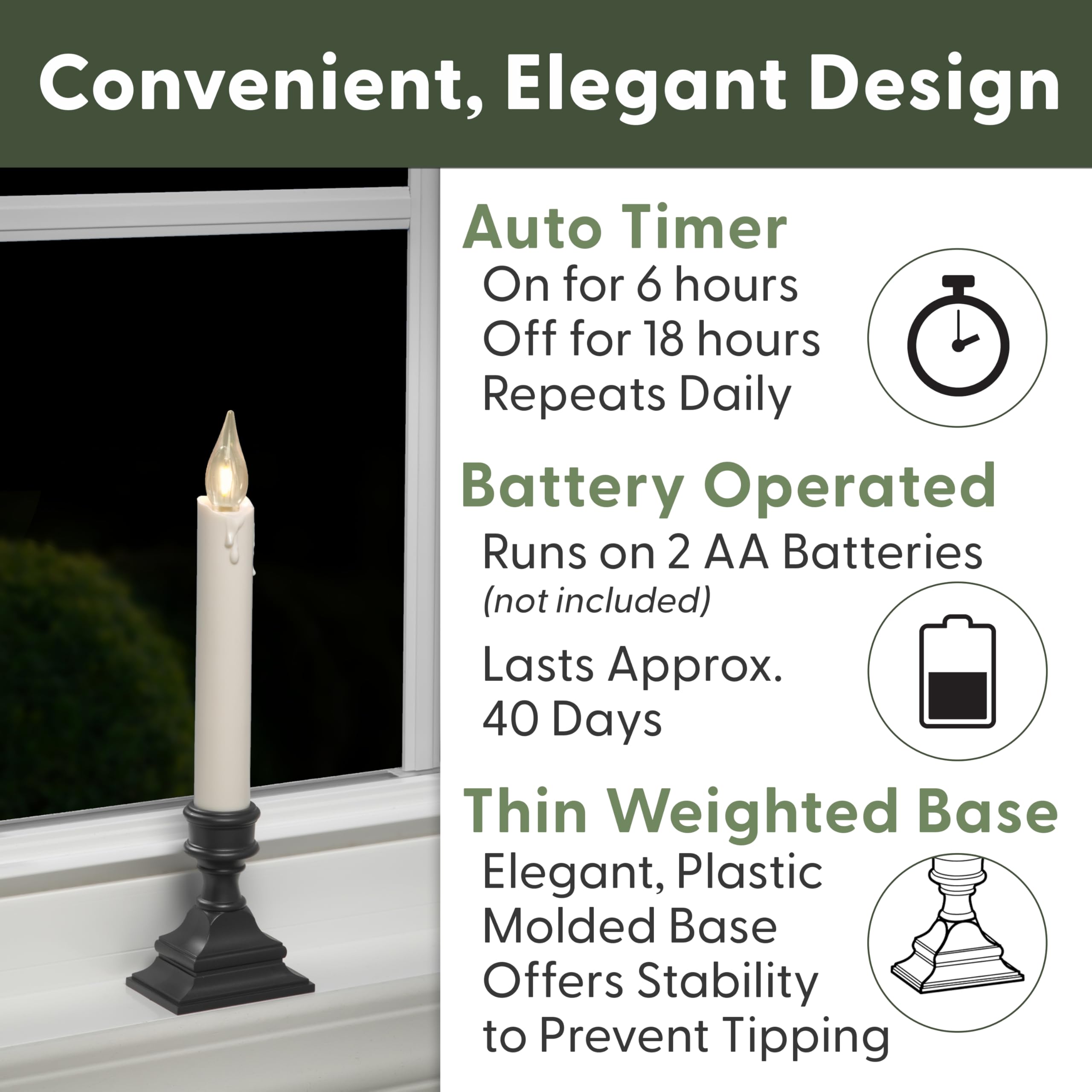 612 Vermont window candles emit a warm white glow for safe, inviting windows.