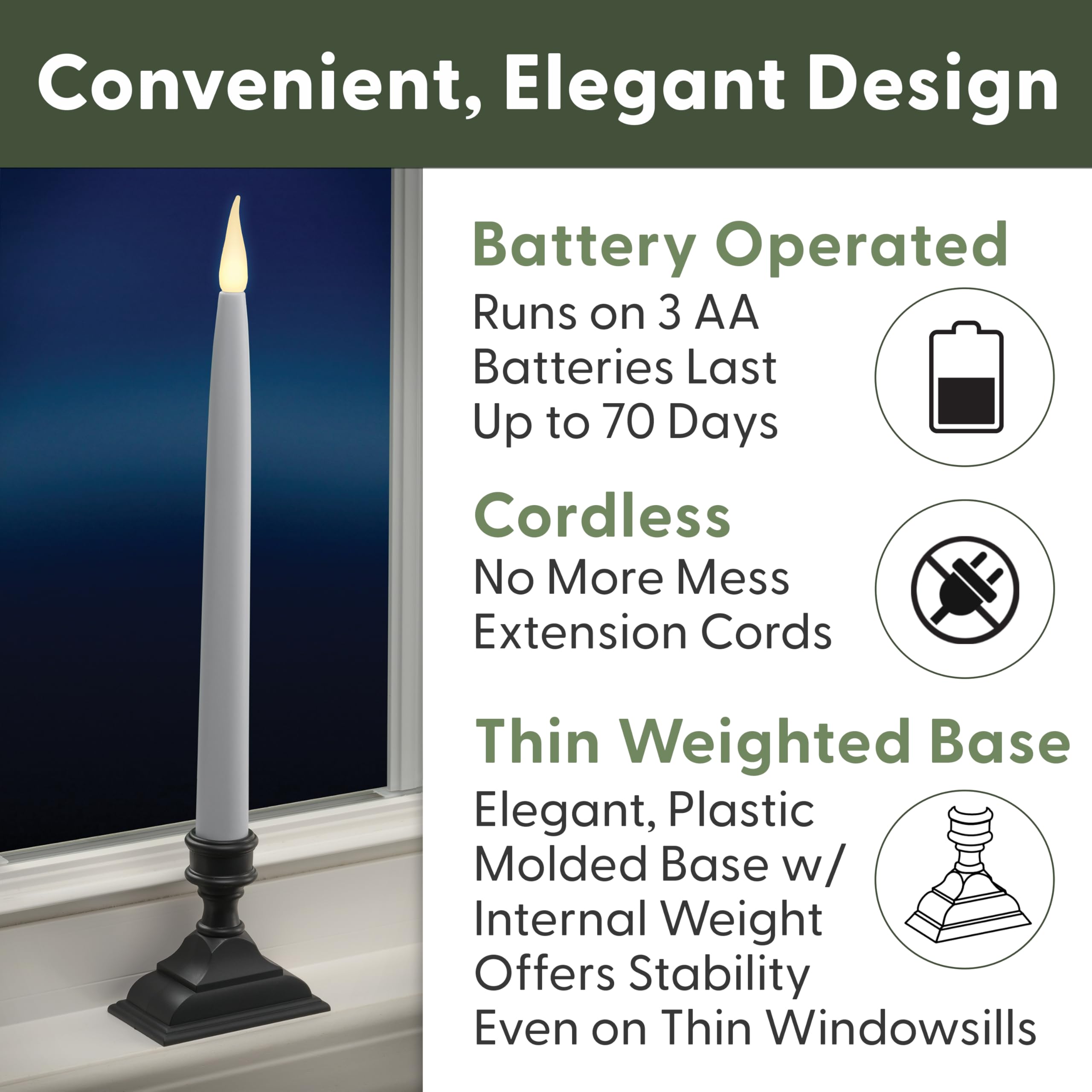 612 Vermont window candles timer feature showing 6h on, 18h off.