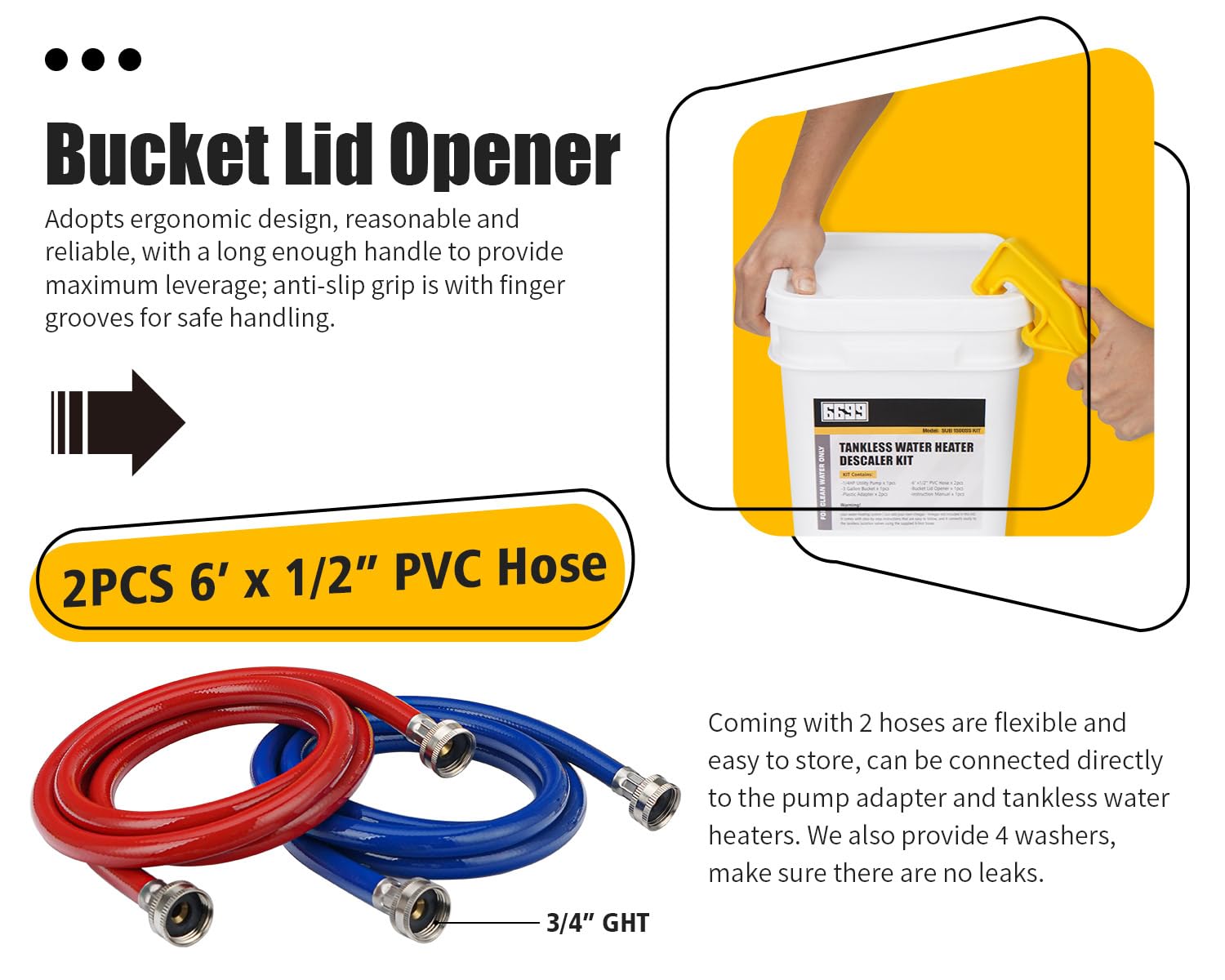 6699 six-foot PVC hoses with washers enable stable setup.