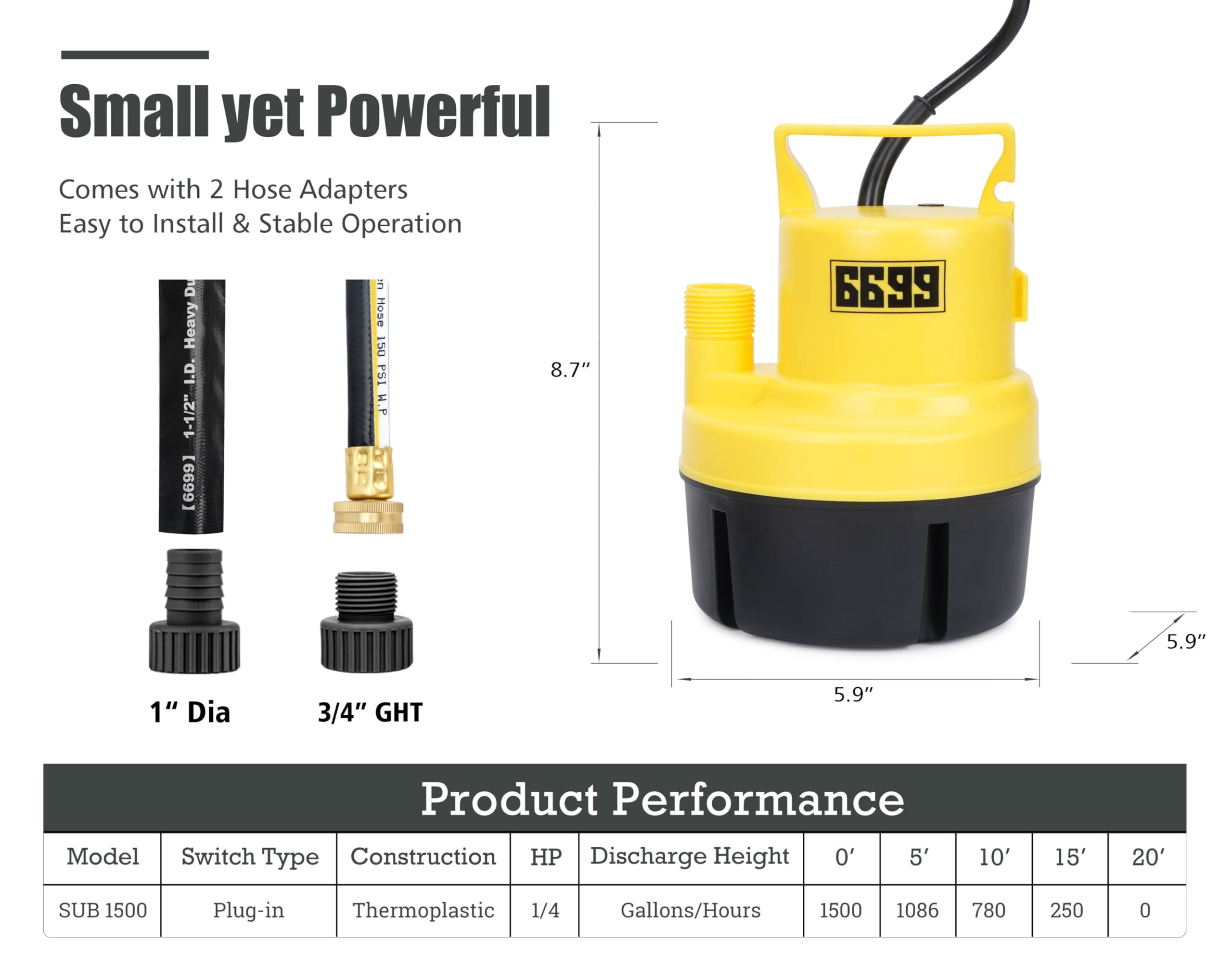 6699 sump pump with 3-4 inch garden hose adapter for versatile pumping options