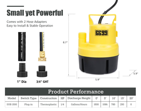 6699 sump pump with 3-4 inch garden hose adapter for versatile pumping options
