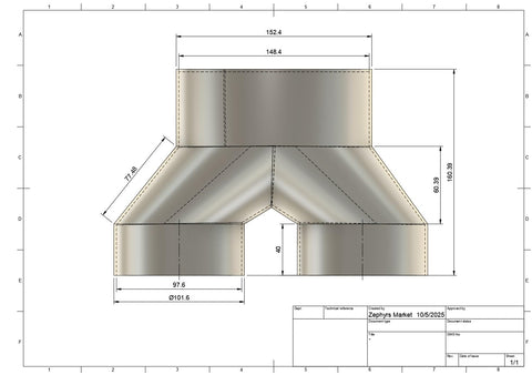 6in-to-4in two-way splitter duct connector side angle shows two 4-inch outlets.
