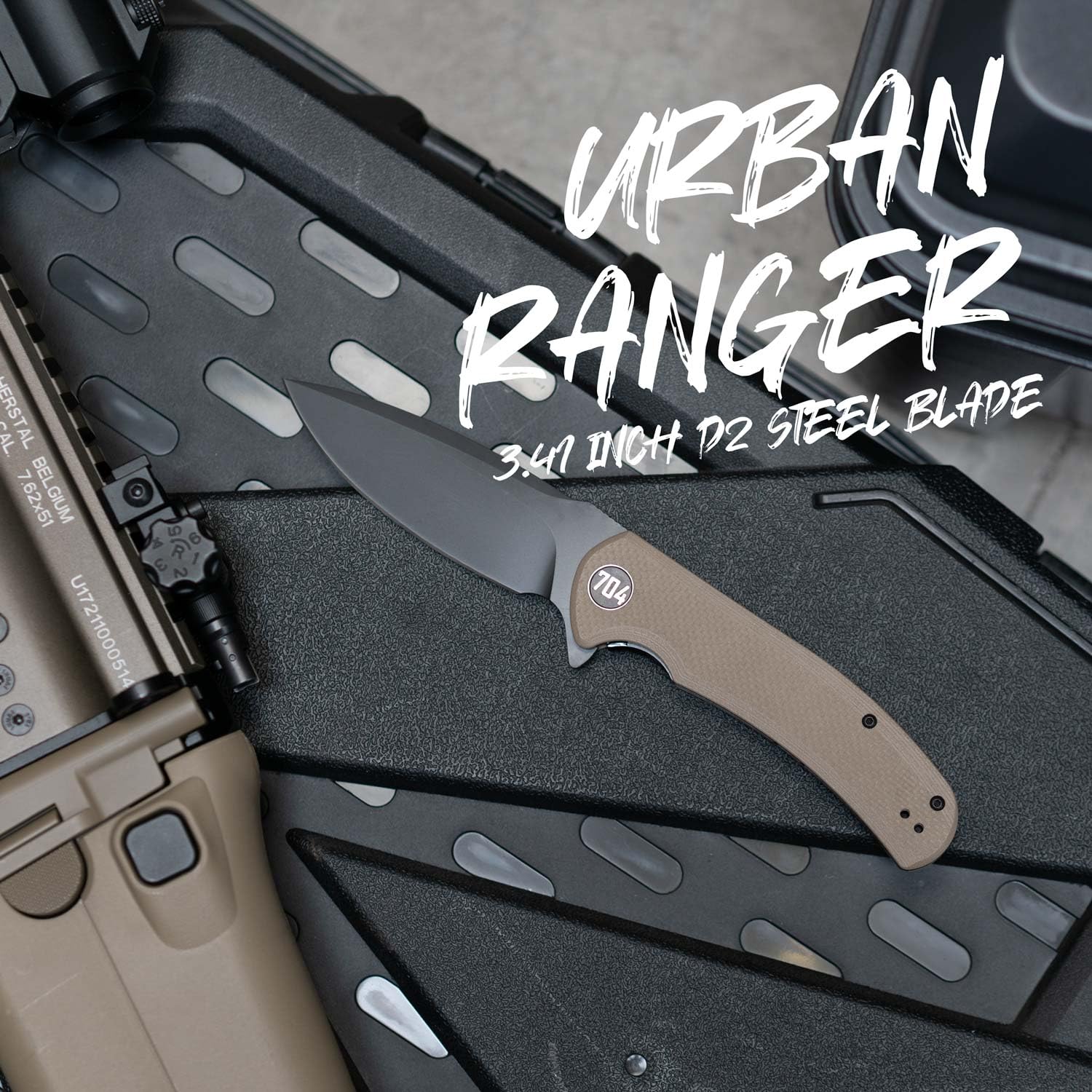 704 Gear Urban Ranger Damascus blade close-up with premium layered patterns.