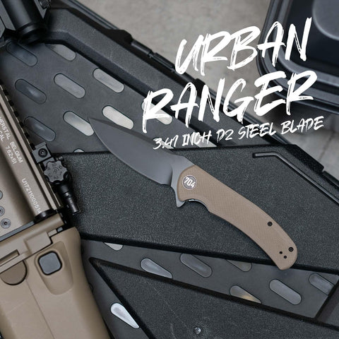 704 Gear Urban Ranger Damascus blade close-up with premium layered patterns.
