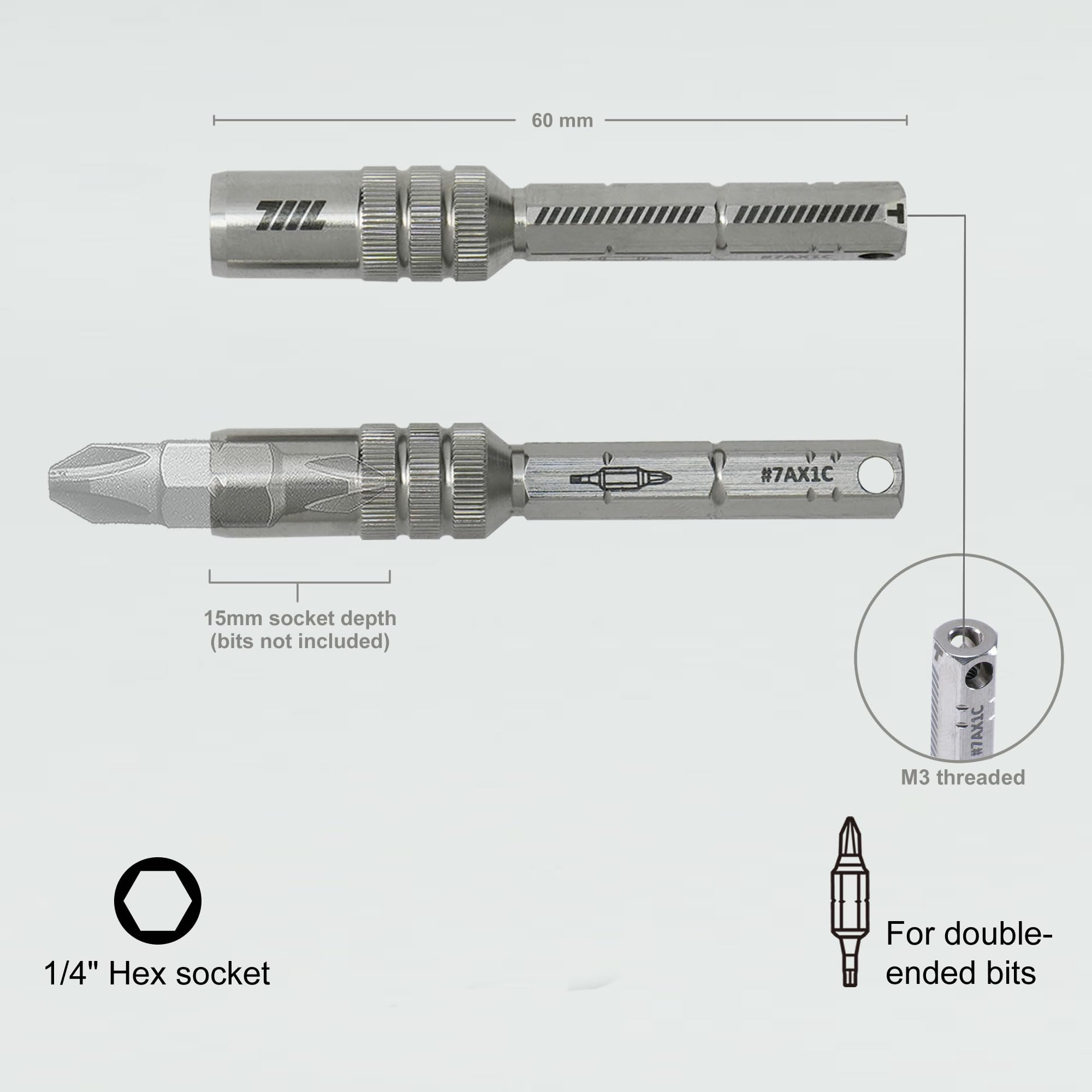 711L deep socket 15mm supports standard and double-ended 1/4 inch bits.
