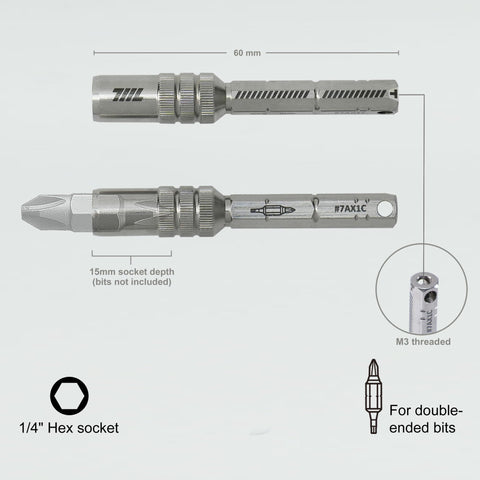 711L deep socket 15mm supports standard and double-ended 1/4 inch bits.