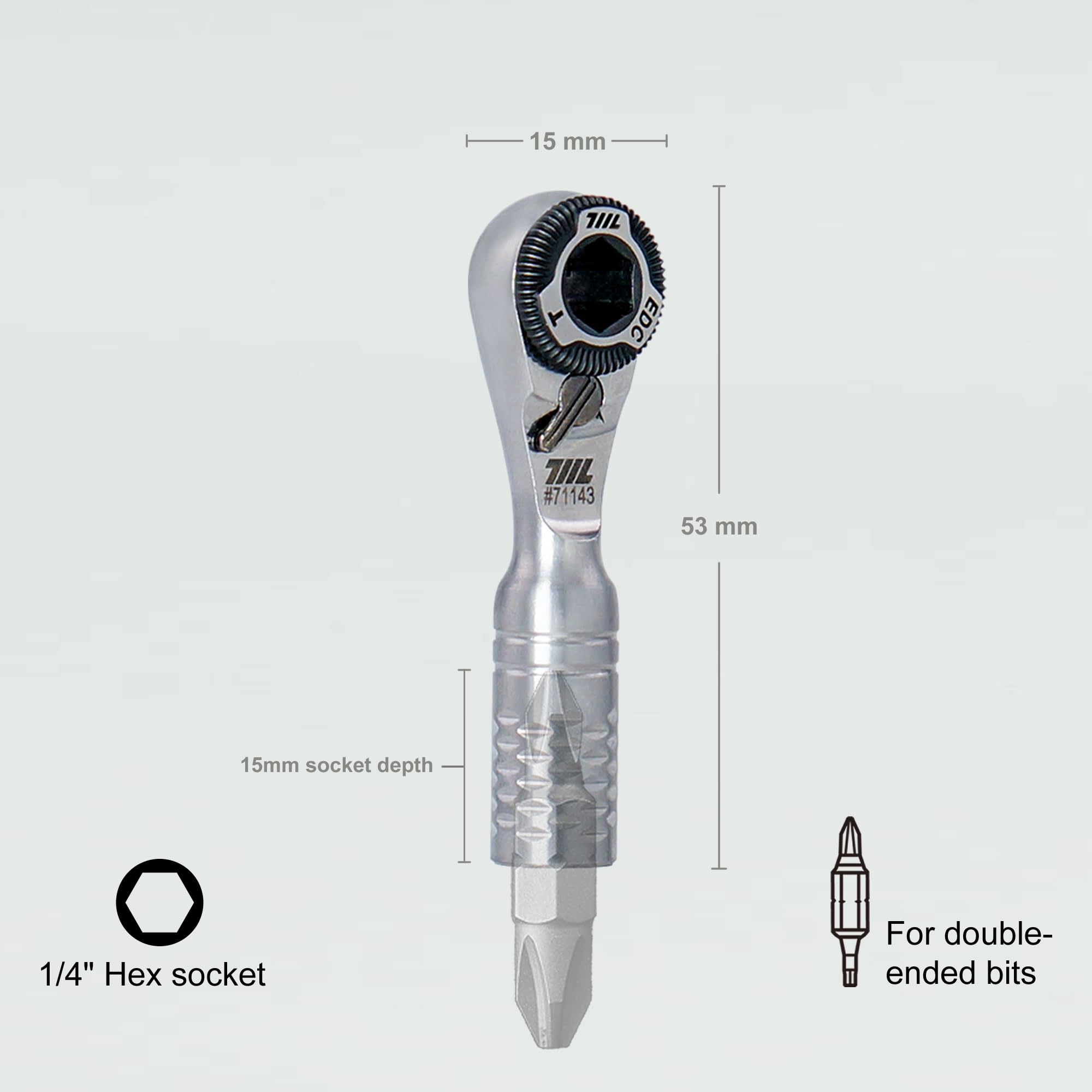 Close-up of 15mm socket depth on 711L TG for flexible bit compatibility