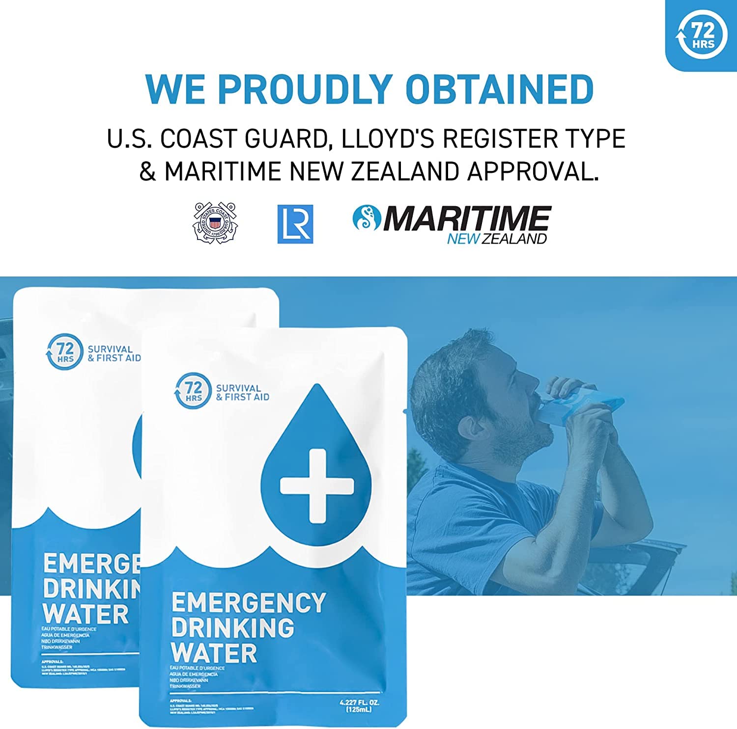 Label highlights long shelf life of 72 HRS emergency water pouches.