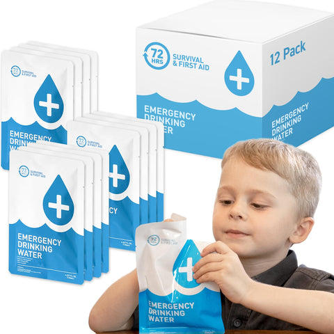 72 HRS emergency water pouches in a 12-pack, ideal for preparedness and quick hydration.