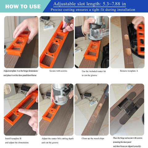 7Cnfort hinge-router template demonstrates easy setup for accurate hinge grooving.