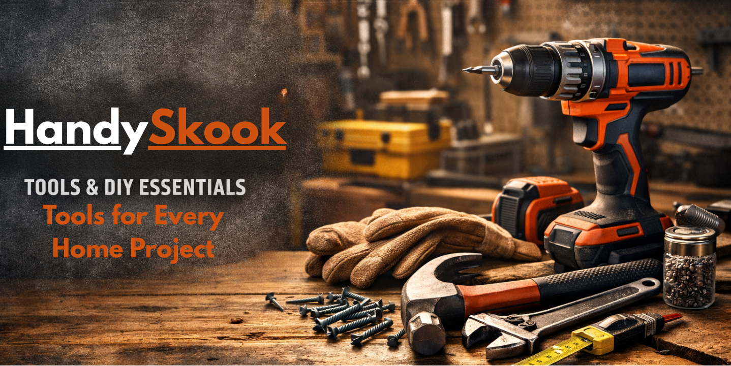 HandySkook tools and DIY essentials on a wooden surface with various tools and equipment.