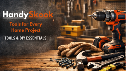 Handy Skook tools for home projects with a drill, gloves, and other tools on a wooden surface.