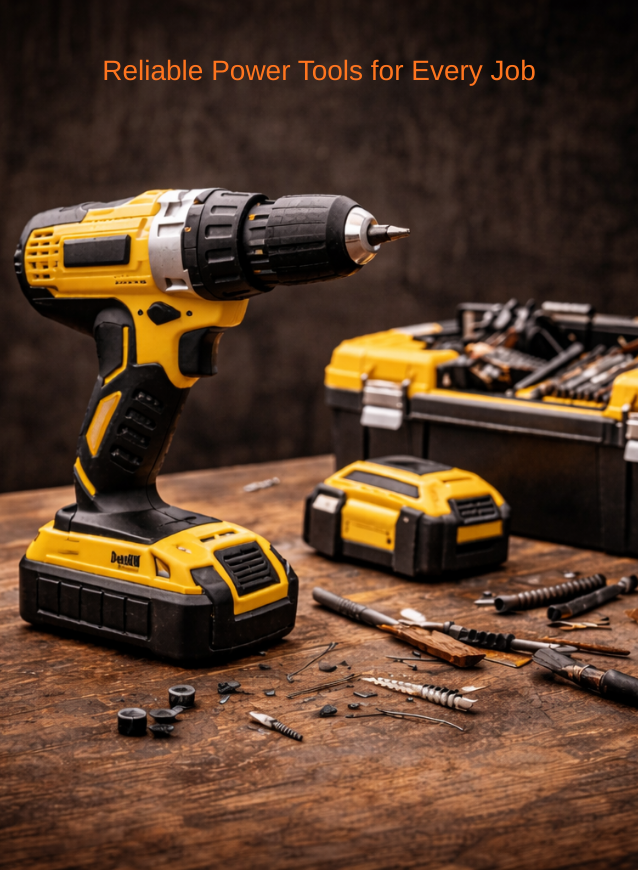 Yellow cordless drill with accessories on a wooden surface, emphasizing reliability for various tasks.
