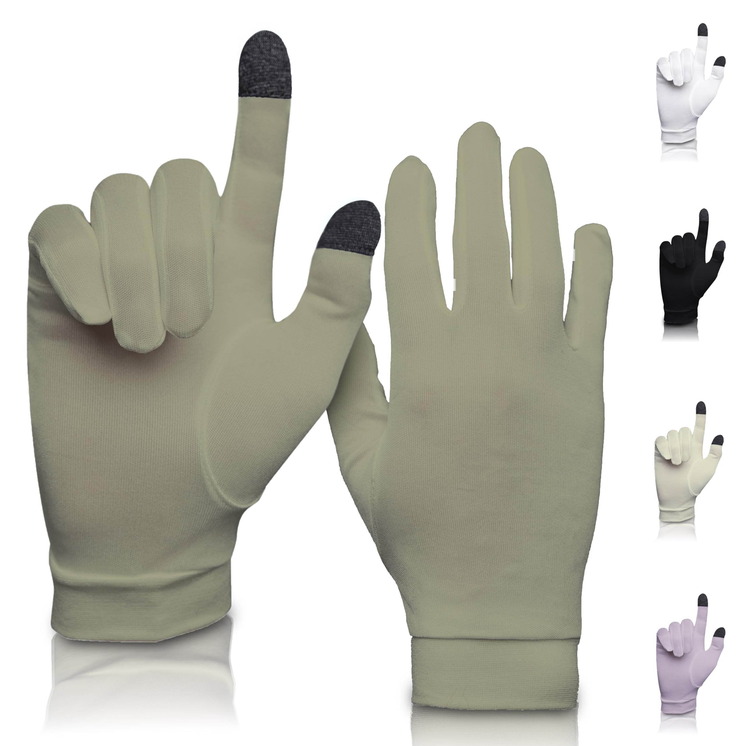 A TOUCH OF Silk Pure Silk Glove Liners in khaki large front view, offering warmth and comfort