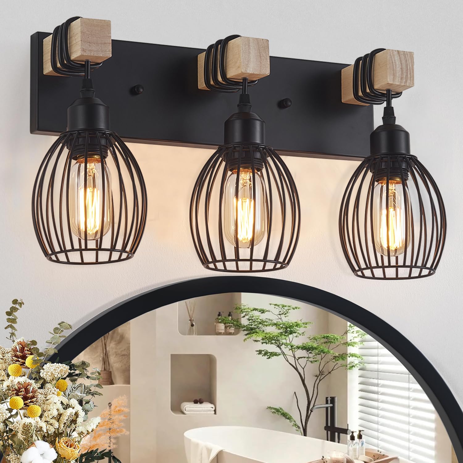 A1A9 3-Light farmhouse vanity light with teardrop cage over bathroom mirror for warm ambience