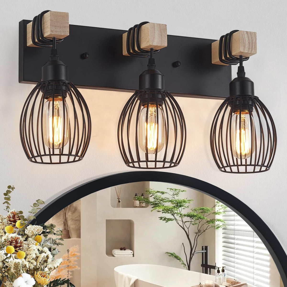 A1A9 3-Light farmhouse vanity light with teardrop cage over bathroom mirror for warm ambience