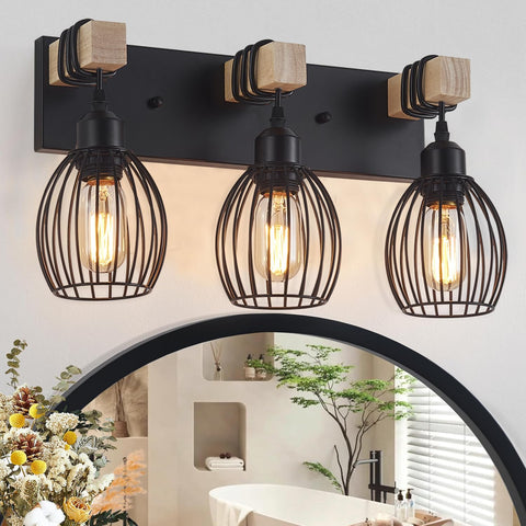 A1A9 3-Light farmhouse vanity light with teardrop cage over bathroom mirror for warm ambience