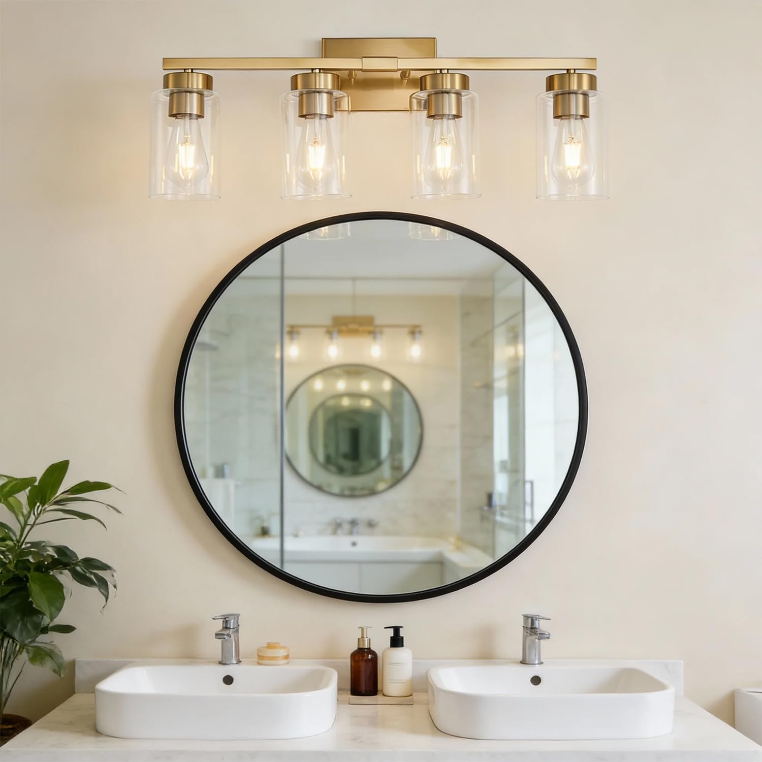 A1A9 gold modern vanity light over mirror with clear glass shade enhances bathroom ambiance.