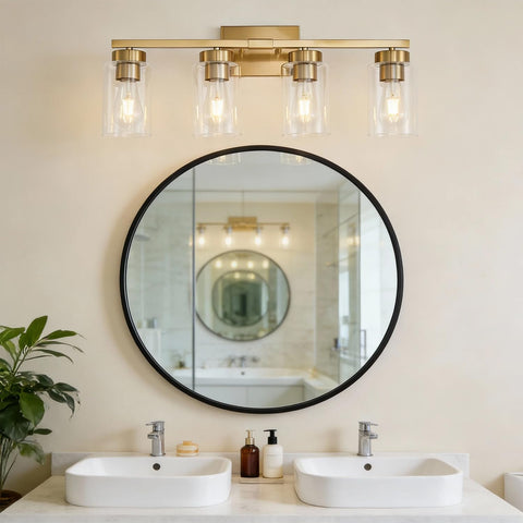 A1A9 gold modern vanity light over mirror with clear glass shade enhances bathroom ambiance.