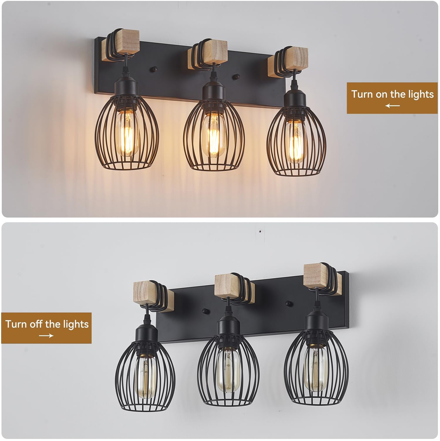 A1A9 teardrop cage vanity light detail shows textured metal and wood contrast