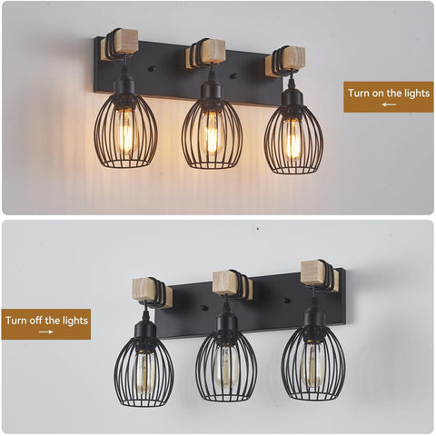 A1A9 teardrop cage vanity light detail shows textured metal and wood contrast