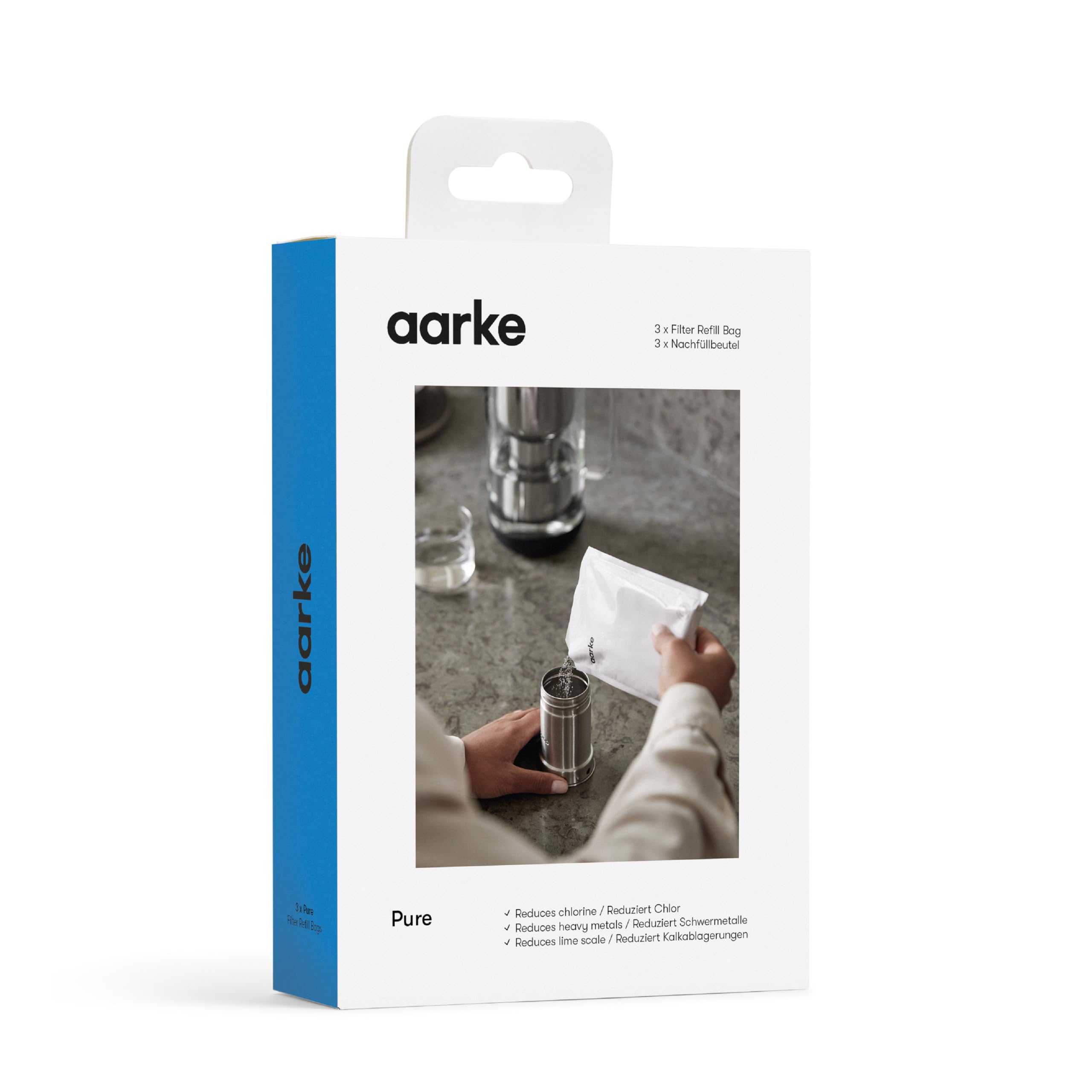 Aarke Pure filter granules pack for refillable cartridges enabling eco-friendly water filtration.